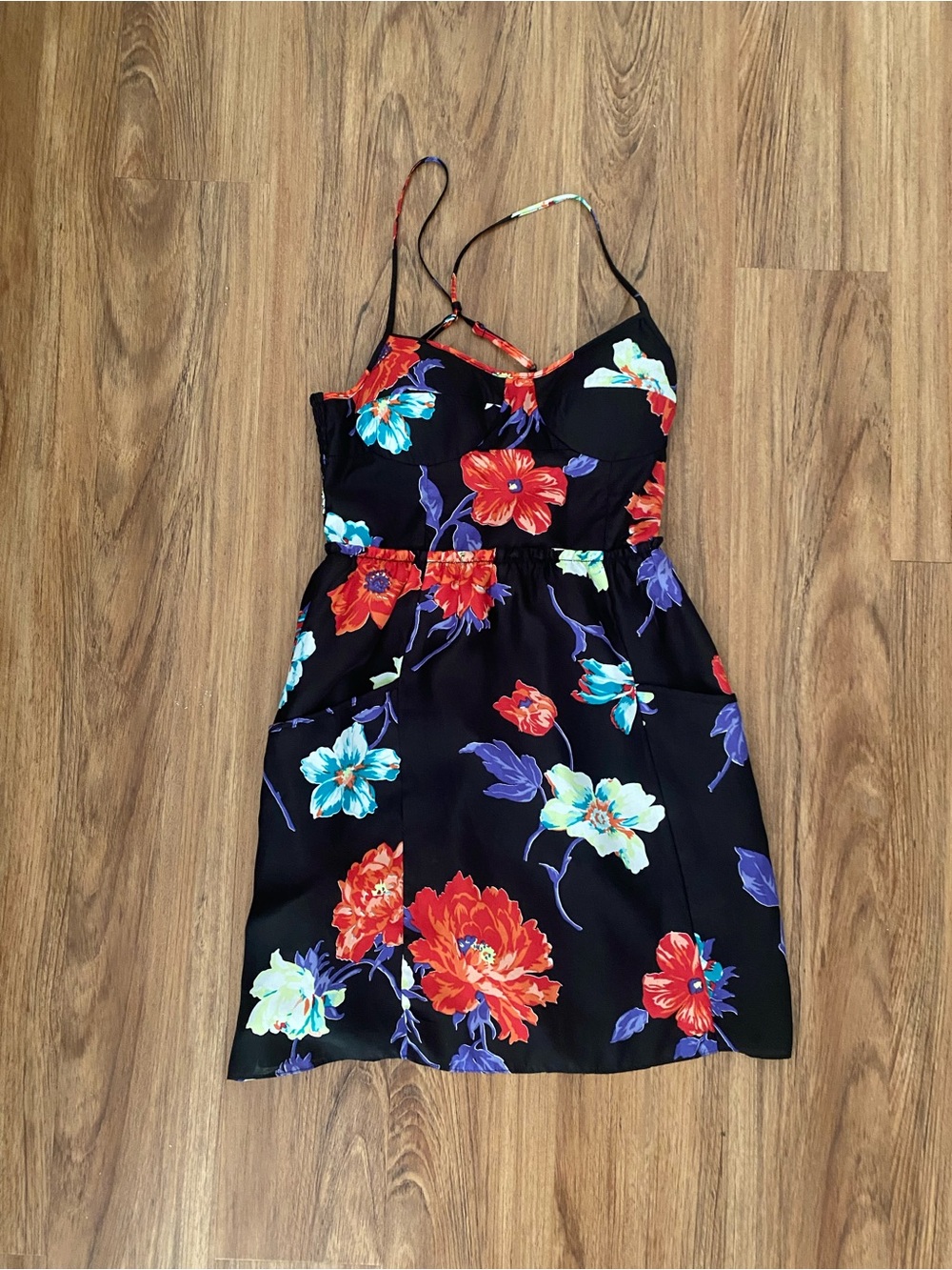 American Eagle Outfitters Black Mini Dress with Red & Teal Floral Print